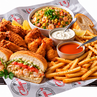Game Day Pack( 20 wings, 2 REG Poboys, 1 Seafood, LG Rice, 1 Side)