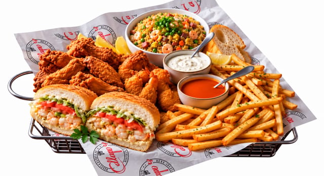 Game Day Pack( 20 Wings, 2 REG Poboys, 1 Seafood, LG Rice, 1 Side).