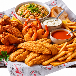 Family Pack 4 (10 Wings, 12 Shrimp, 4 Fish, LG Rice, 1 Side)