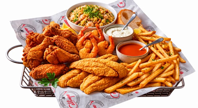 Family Pack 4 (10 Wings, 12 Shrimp, 4 Fish, LG Rice, 1 Side).