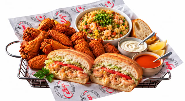 Family Pack 2 (2 SM Poboys, 10 Wings, LG Rice).