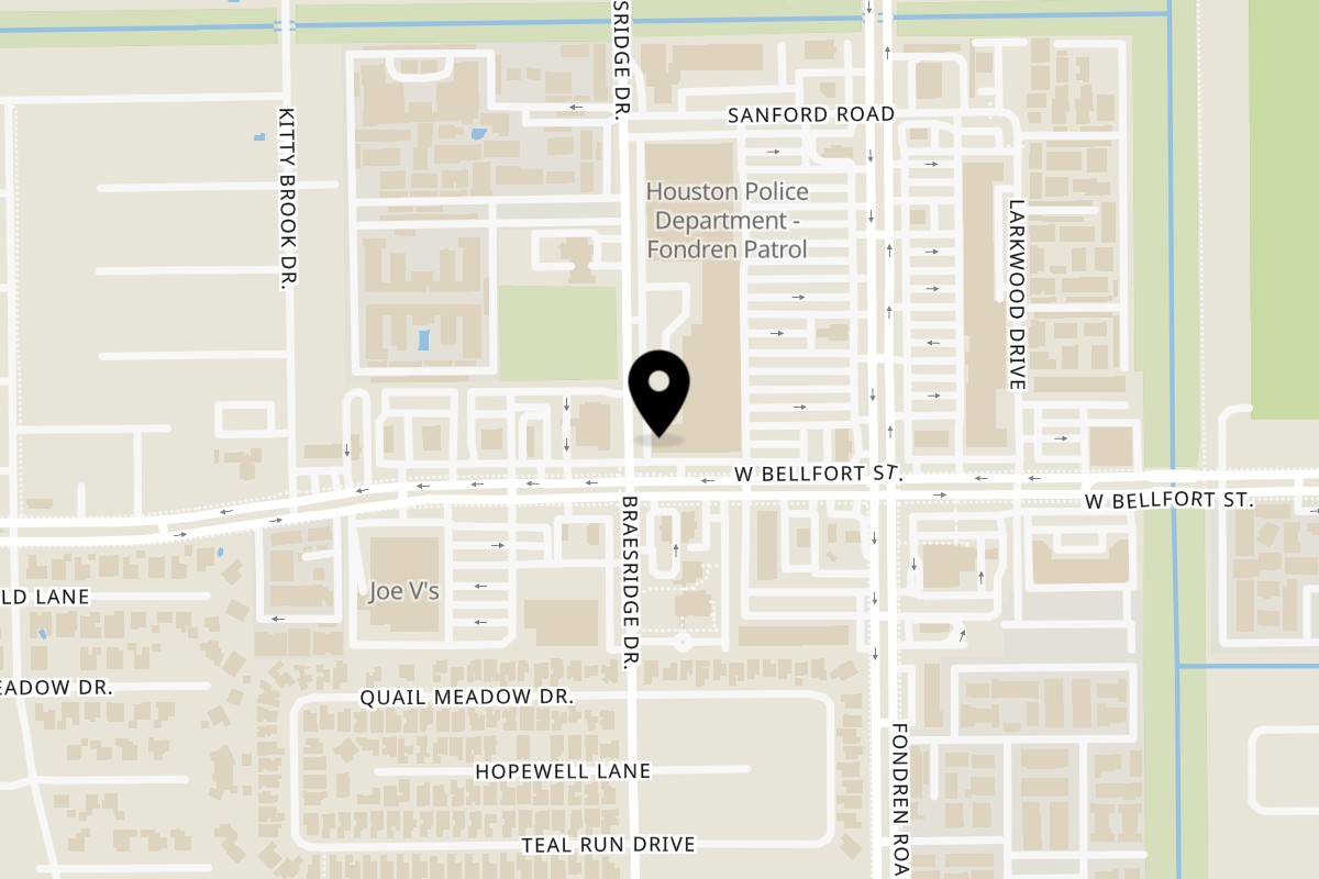 Map showing the location of Calliope's W Bellfort Ave on 7590 W Bellfort Ave in Houston